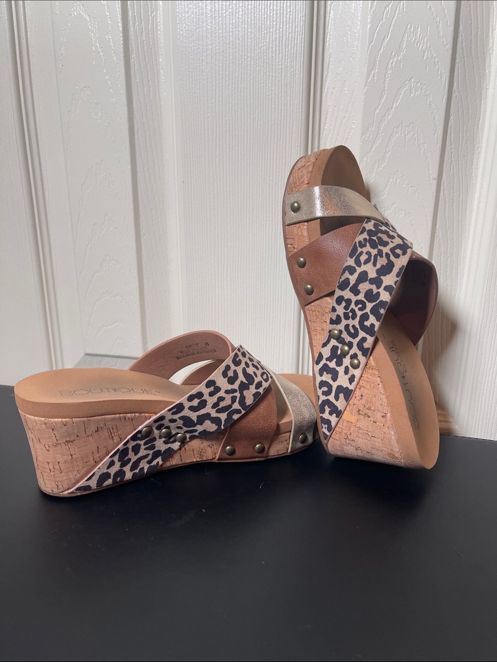 Leopard Print Cork Wedge Sandals with Metallic Accent - Women